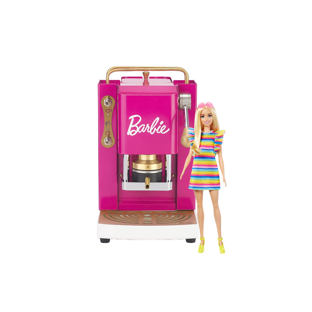 FABER MINI PRO DELUXE BARBIE LIMITED EDITION - MACCHINA PER CAFFE'' - PRESSACIALDA IN OTTONE - TELAIO IN ACCIAIO - BAMBOLA INCLU