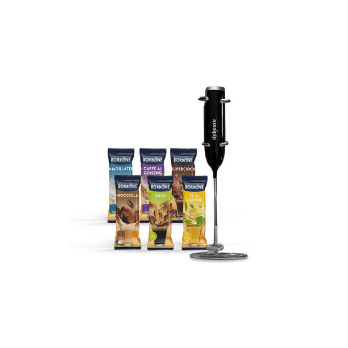 BORBONE KIT DEGUSTAZIONE SOLUBILI - 1 FRULLINO ELETTRICO + 6 STICK ASSORTITI  (AMORLATTE - GINSENG - SUPERCIOCK - ORZO - NOCCIOL