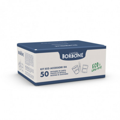 CAFFE'' BORBONE KIT ECO ACCESSORI 50x BICCHIERINI CARTA + 50x PALETTE BETULLA + 50x ZUCCHERO