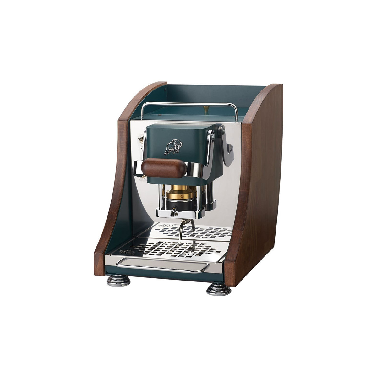 FABER AGENTA MINI - MACCHINA PER CAFFE''  - PRESSACIALDA IN OTTONE - TELAIO IN METALLO BRITISH GREEN E LATERALI IN LEGNO