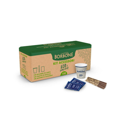 BORBONE KIT ACCESSORI ECOLOGICO 100PZ BICCHIERINI DI CARTA + PALETTE BETULLA + ZUCCHERO