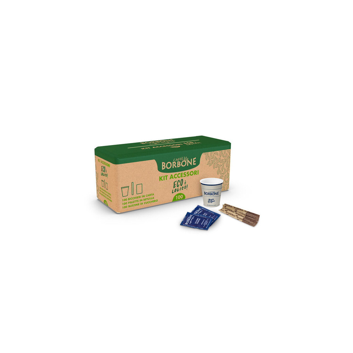 BORBONE KIT ACCESSORI ECOLOGICO 100PZ BICCHIERINI DI CARTA + PALETTE BETULLA + ZUCCHERO