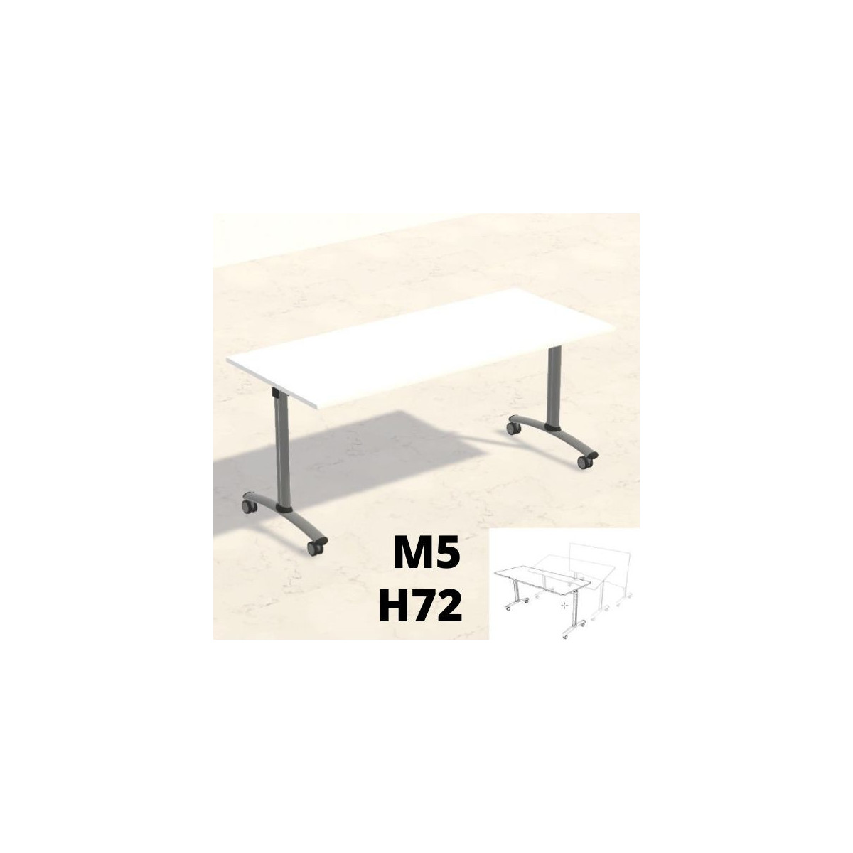 TAVOLO TIGLIO piano ribaltabile 160x70cm H72cm gambe grigie con ruote piano in melamina bianca T.ML.M.RB.16070.M5rGC.BB