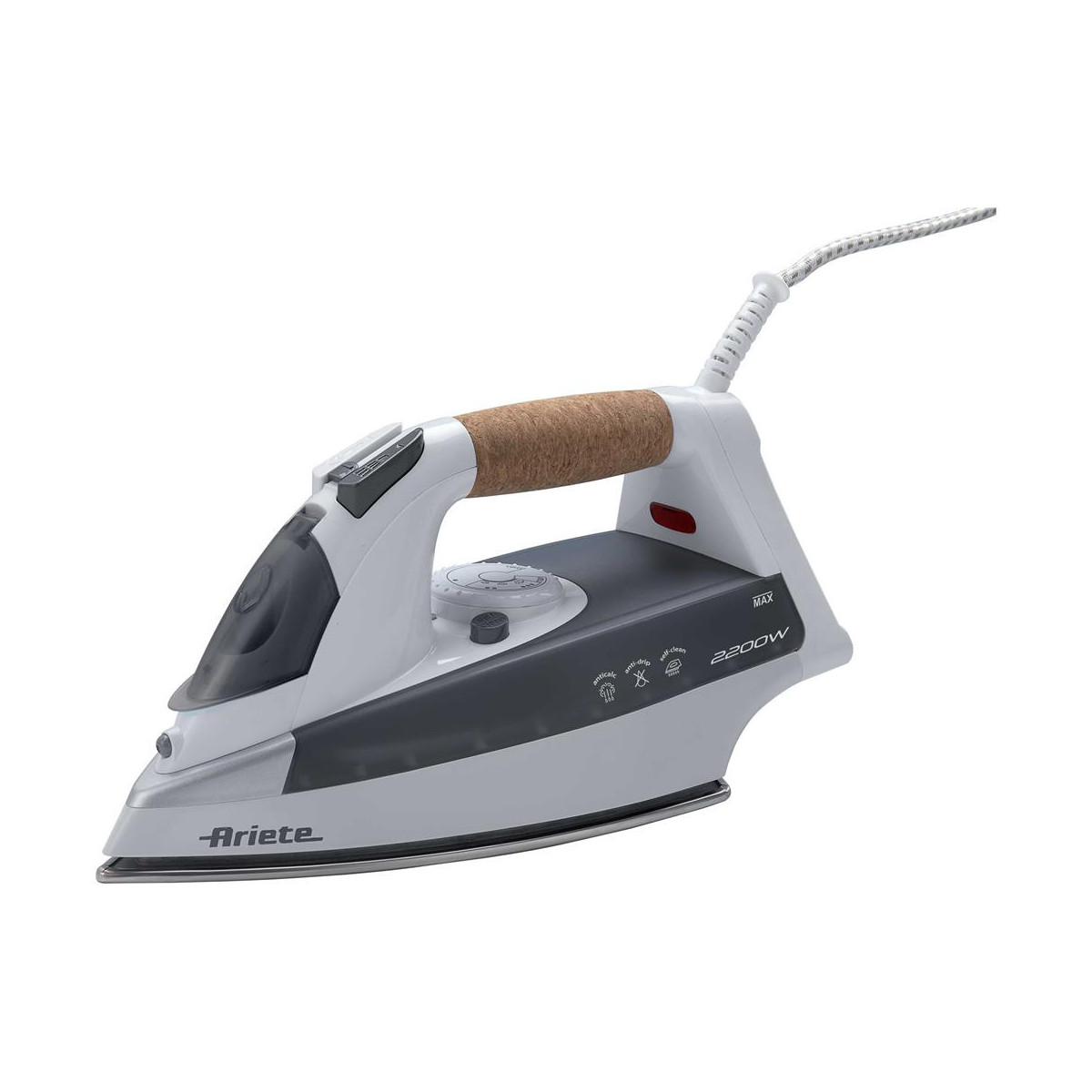 ARIETE STEAM IRON 2200 (6232) - FERRO DA STIRO - PUNTA SLIM - MANICO IN SUGHERO - PIASTRA ACCIAIO INOX - COLPO VAPORE - SELF CLE