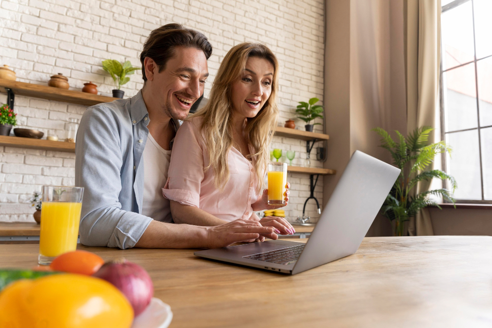 Coppia al lavoro davanti a un laptop in casa, in un ambiente moderno e luminoso